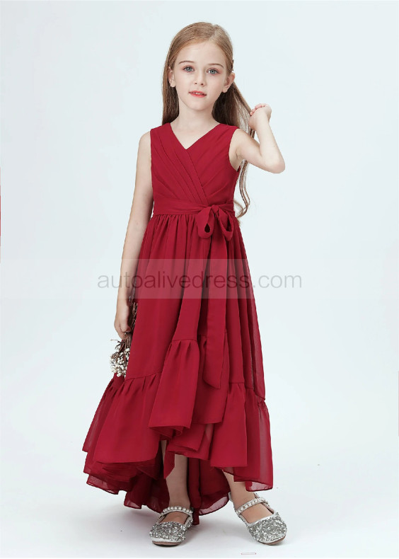 V Neck Burgundy Pleated Chiffon Junior Bridesmaid Dress